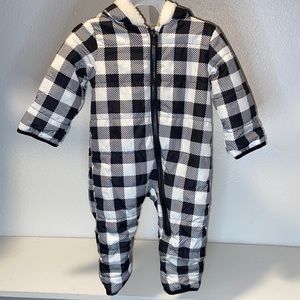 Infant snowsuit 6/9 months, black and white Buffalo Plaid print, Brand New.